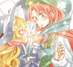  :o blonde_hair blush braid coat cross_eyed dressing_another fur_trim green_eyes green_scarf hat hong_meiling kirisame_marisa long_hair long_sleeves mittens multiple_girls open_mouth pink_mittens pink_scarf red_hair scarf souta_(karasu_no_ouchi) star surprised touhou twin_braids v-shaped_eyebrows wavy_hair winter_clothes witch_hat 