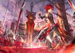  architecture cloud cloudy_sky day east_asian_architecture elbow_gloves elsword elsword_(character) fingerless_gloves floating_hair flower gloves highres infinity_sword_(elsword) leg_up long_hair male_focus outdoors ponytail red_eyes red_flower red_hair scorpion5050 sky sleeveless solo sword tree weapon 