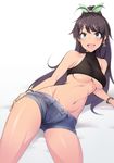  bare_shoulders black_hair blue_eyes blurry bow breasts crop_top earrings fang ganaha_hibiki green_bow hair_bow highres idolmaster idolmaster_(classic) jewelry long_hair looking_at_viewer lying md5_mismatch medium_breasts navel open_mouth pocari_sweat_(artist) ponytail short_shorts shorts simple_background smile solo stomach tan tanline taut_clothes underboob white_background 