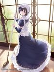  black_hair bow bowtie broom cait dress frilled_dress frills from_side full_body gyakushuu_no_fantasica holding holding_broom indoors juliet_sleeves long_dress long_sleeves looking_at_viewer maid maid_headdress official_art original pink_bow puffy_sleeves purple_eyes purple_hair short_hair smile solo standing tile_floor tiles window 