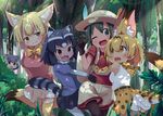  :3 :d ;d animal_ears arms_behind_back backpack bag black_gloves black_hair black_skirt blonde_hair boots bow bowtie brown_eyes commentary_request common_raccoon_(kemono_friends) dappled_sunlight day elbow_gloves fang fennec_(kemono_friends) forest fox_ears fox_tail fur_collar girl_sandwich gloves green_eyes green_hair grey_hair hat hat_feather highres hug kaban_(kemono_friends) kemono_friends makuran multicolored_hair multiple_girls nature one_eye_closed open_mouth orange_eyes otter_ears outdoors pantyhose pantyhose_under_shorts peeking_out plant print_gloves print_skirt raccoon_ears raccoon_tail red_shirt sandwiched serval_(kemono_friends) serval_ears serval_print serval_tail shirt short_hair shorts skirt sleeveless sleeveless_shirt small-clawed_otter_(kemono_friends) smile striped_tail sunlight tail thighhighs tree white_footwear white_hair white_legwear white_shirt yellow_legwear 