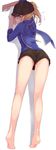  against_wall ahoge artoria_pendragon_(all) bare_legs barefoot baseball_cap blue_scarf blush commentary_request fate_(series) hat highres jacket kneepits kurai_masaru legs looking_at_viewer looking_back mysterious_heroine_x parted_lips ponytail profile rojiura_satsuki:_chapter_heroine_sanctuary scarf shadow short_shorts shorts sidelocks solo thighs tiptoes track_jacket 