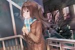  bare_tree breath brown_eyes brown_hair checkered checkered_scarf coat commentary_request half_updo highres idolmaster idolmaster_cinderella_girls kachayori long_hair one_side_up open_mouth scarf shimamura_uzuki solo star tree 