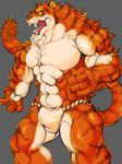  2017 abs anthro biceps big_muscles black_fur bulge clothing fangs feline fist fur gunso_p loincloth looking_away male mammal muscular muscular_male navel open_mouth orange_fur pecs simple_background solo standing stripes tiger tongue underwear whiskers white_background white_fur yellow_sclera 