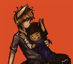  2016 anthro arm_wraps asper_(panzery25) bags_under_eyes canine clothed clothing cuddling duo female fox genyle_(panzery25) gradient_background looking_at_viewer male mammal orange_background panzery25 signature simple_background wraps 