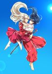  1girl animal_ears arms_around_neck arms_around_waist barefoot black_hair blue_eyes blue_sky carrying couple dog_ears face-to-face falling hetero highres higurashi_kagome hug inuyasha inuyasha_(character) japanese_clothes jewelry lens_flare long_hair looking_at_another midair miko motobi_(mtb_umk) necklace orange_eyes pearl_necklace protected_link robe scabbard sheath sheathed silver_hair sky smile sun sword weapon wide_sleeves 