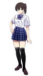  absurdres alternate_costume bow brown_hair commentary_request green_eyes hand_on_hip highres kaga_(kantai_collection) kantai_collection pleated_skirt school_uniform serafuku shoumaru_(gadget_box) side_ponytail sketch skirt thighhighs 