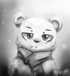  2016 anthro bear cheek_tuft fluffy greyscale inner_ear_fluff looking_at_viewer male mammal monochrome outside panzery25 polar_bear scarf signature snow snowing tuft 