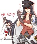 2girls admiral_(kantai_collection) belt belt_buckle black_gloves black_hair black_hat breasts buckle camera cleavage collarbone commentary_request cosplay epaulettes fusou_(kantai_collection) gangut_(kantai_collection) gangut_(kantai_collection)_(cosplay) gloves grey_skirt hat jacket japanese_clothes kantai_collection kuon_(nokokopopo) large_breasts long_hair long_sleeves looking_at_viewer miko military military_uniform miniskirt multiple_girls navel open_clothes open_jacket pantyhose peaked_cap pleated_skirt red_eyes red_shirt remodel_(kantai_collection) shirt short_hair short_sleeves skirt smile translated uniform white_gloves white_jacket yamashiro_(kantai_collection) 