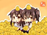  akagi_(kantai_collection) animal animal_on_head artist_name bird bird_on_head blue_hakama brown_eyes brown_hair chibi chick commentary_request hair_between_eyes hakama japanese_clothes kaga_(kantai_collection) kantai_collection long_hair multiple_girls on_head open_mouth orange_background red_hakama short_hair side_ponytail taisa_(kari) tasuki too_many too_many_chicks triangle_mouth 