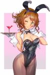  animal_ears black_bow black_leotard black_neckwear bow bowtie breasts brown_hair brown_legwear bunny_ears bunnysuit cleavage cowboy_shot cup detached_collar drinking_glass gloves green_eyes kantai_collection leotard matsuda_(matsukichi) medium_breasts mutsu_(kantai_collection) one_eye_closed pantyhose short_hair solo strapless strapless_leotard tray vest wavy_hair white_gloves white_vest wine_glass wrist_cuffs 