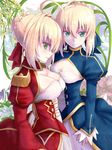  ahoge artoria_pendragon_(all) ass blonde_hair blue_dress breasts cleavage dress eyebrows_visible_through_hair fate/extra fate/stay_night fate_(series) flower green_eyes hair_between_eyes hair_ribbon looking_at_viewer medium_breasts multiple_girls nero_claudius_(fate) nero_claudius_(fate)_(all) red_dress red_ribbon ribbon saber sidelocks small_breasts smile standing yellow_flower yude 