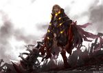  artist_name belt blonde_hair blood blood_on_face bloody_hands bloody_weapon boots cloak commentary crazy_eyes fire from_below little_red_riding_hood_(sinoalice) open_mouth sinoalice solo standing usui_harusame weapon yellow_eyes 