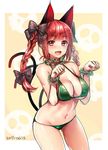  animal_ears bad_id bad_twitter_id bangs banned_artist bare_shoulders bikini black_bow bow braid breasts cat_ears cat_tail cleavage cowboy_shot dated eyebrows_visible_through_hair fang green_bikini hair_bow halter_top halterneck highres kaenbyou_rin large_breasts long_hair looking_at_viewer navel open_mouth paw_pose red_eyes red_hair sketch skull smile solo swimsuit tail touhou tsukiriran twin_braids wrist_cuffs 