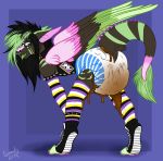  2019 angel_dragon anthro bent_over biped camboody claws clothed clothing diaper digitigrade dragon eyewear feathers feces footwear fur glasses hair leaking_diaper legwear long_hair looking_back messy_diaper multicolored_feathers multicolored_fur multicolored_hair rear_view scat shoes signature simple_background smearing soiling stockings toe_claws tongue tongue_out twixxel_minty 