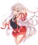  ahoge armpits backless_outfit bangs breasts chiya_(urara_meirochou) commentary_request eyebrows_visible_through_hair floating_hair full_body grey_hair hair_between_eyes halterneck kurai_masaru long_hair looking_at_viewer open_mouth red_eyes sideboob simple_background small_breasts smile solo urara_meirochou white_background 