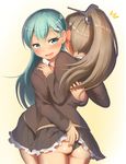  2girls :d ass black_panties blouse blush brown_hair brown_jacket brown_skirt brown_sweater cardigan ear_blush green_eyes green_hair hair_between_eyes hair_ornament hairclip jacket kantai_collection kumano_(kantai_collection) long_hair long_sleeves maku_ro multiple_girls neck_ribbon open_mouth panties pleated_skirt ponytail red_ribbon remodel_(kantai_collection) ribbon school_uniform skirt smile suzuya_(kantai_collection) sweater underwear white_blouse yellow_background yuri 