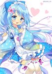  :d blue_bow blue_eyes blue_hair blue_kimono blue_skirt blush bow cowboy_shot flower flower_knight_girl hair_bow hair_flower hair_ornament japanese_clothes kimono kurot long_hair looking_at_viewer nerine_(flower_knight_girl) open_mouth polka_dot polka_dot_kimono ponytail skirt smile solo thighhighs twitter_username white_legwear 