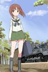  anglerfish bag bangs black_footwear black_legwear black_neckwear blouse boots brown_eyes brown_hair calligraphy_brush_(medium) caterpillar_tracks cloud cloudy_sky day emblem forest full_body girls_und_panzer green_skirt ground_vehicle holding long_sleeves looking_at_viewer military military_vehicle miniskirt motor_vehicle nature neckerchief nishizumi_miho ooarai_(emblem) ooarai_school_uniform outdoors panzerkampfwagen_iv pleated_skirt school_bag school_uniform serafuku shimada_fumikane_(style) short_hair skirt sky socks solo sonzai_soumei standing tank white_blouse wind 