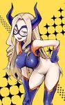  :d bent_over blonde_hair bodysuit boku_no_hero_academia breasts covered_navel domino_mask drill_hair half-closed_eyes hand_on_hip highres horns impossible_clothes large_breasts long_hair looking_at_viewer mask mount_lady open_mouth red_eyes simple_background smile solo sunege_(hp0715) yellow_background 