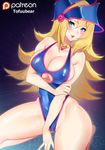  alternate_costume arm_grab bare_arms bare_legs bare_shoulders barefoot blonde_hair blue_background blue_eyes blue_swimsuit blush breast_press breasts cleavage cleavage_cutout dark_magician_girl dutch_angle gradient gradient_background hat highleg highleg_swimsuit large_breasts lips long_hair multicolored multicolored_background one-piece_swimsuit parted_lips purple_background shiny shiny_clothes shiny_skin sideboob sitting solo swimsuit thighs tofuubear underboob wariza wizard_hat yuu-gi-ou yuu-gi-ou_duel_monsters 