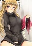  apron bangs black_sweater blonde_hair breasts chikado commentary_request hat junko_(touhou) large_breasts long_hair looking_at_viewer red_eyes ribbed_sweater shiny shiny_hair sitting sleeves_past_wrists smile solo sweater tassel touhou turtleneck turtleneck_sweater very_long_hair wavy_mouth 