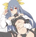  bangs bare_shoulders black_legwear blue_hair blush bow breasts cleavage closed_mouth commentary_request cowboy_shot dizzy eyebrows_visible_through_hair freedom_nakai groin guilty_gear hair_between_eyes hair_bow hand_on_own_stomach hand_up highres long_hair long_sleeves looking_at_viewer medium_breasts navel red_eyes simple_background solo spread_legs stomach thighhighs twintails underboob white_background yellow_bow 