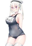  blonde_hair blue_swimsuit cowboy_shot graf_zeppelin_(kantai_collection) hair_between_eyes hat highres kantai_collection looking_at_viewer name_tag one-piece_swimsuit peaked_cap purple_eyes school_swimsuit shime sidelocks solo standing swimsuit twintails white_hat white_legwear 