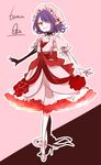  ;) blush completion_time dress embellished_costume eyeshadow fang_out fangs fingernails hat high_heels highres long_fingernails makeup mob_cap one_eye_closed pointy_ears purple_hair red_eyes remilia_scarlet sharp_fingernails short_hair silhouette smile solo souta_(karasu_no_ouchi) touhou 
