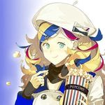  akira_(kadokawa) beret black_bow blonde_hair blue_background blue_hair bow commandant_teste_(kantai_collection) eating food gradient gradient_background green_eyes hat hat_bow holding kantai_collection looking_at_viewer lowres multicolored_hair official_art popcorn red_hair smile solo source_request streaked_hair upper_body white_bow white_hair white_hat 