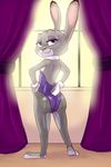  2017 :3 akiric anthro bedroom_eyes bunny_costume butt clothed clothing costume curtains disney eyeshadow female fishnet half-closed_eyes hands_on_hips judy_hopps lagomorph legwear looking_at_viewer looking_back makeup mammal rabbit rear_view seductive shirt_collar shirt_cuffs smile solo standing stockings window zootopia 