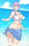  beach bikini blush breasts day elbow_gloves gloves kanata_(evuoaniramu) large_breasts lavender_hair long_hair looking_at_viewer low_ponytail mizuumi_(bb) ocean open_mouth original partially_submerged ponytail purple_eyes purple_hair sarong smile solo swimsuit white_gloves 