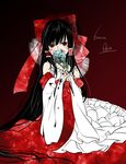  absurdly_long_hair black_hair blood blood_on_face bow bridal_gauntlets cuts detached_sleeves dress embellished_costume empty_eyes flower hair_bow hair_ribbon hair_tubes hakurei_reimu highres injury large_bow long_hair looking_at_viewer red_eyes ribbon solo souta_(karasu_no_ouchi) steepled_fingers touhou very_long_hair 
