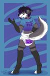  2018 anthro barefoot biped camboody canid canine canis claws clothing diaper digitigrade english_text eyebrows eyelashes fur hair humanoid_hands looking_at_viewer looking_back male mammal multicolored_fur multicolored_hair shirt signature simple_background slate_wolf standing text toe_claws wolf 