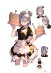  =3 aqua_eyes artist_name bangs cake closed_mouth cropped_legs enj! expressionless food from_side grey_hair hair_between_eyes hair_bun highres holding holding_food holding_tray looking_at_viewer maid maid_headdress multiple_views original pointy_ears short_sleeves signature simple_background sketch tray white_background 