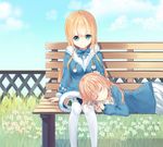  bench blonde_hair blue_coat blue_eyes blue_shirt closed_eyes cloud coat day elf flower hand_on_another's_head highres karin_(fineyanny) lap_pillow long_hair lying md5_mismatch multiple_girls on_stomach original outdoors pointy_ears shirt sitting skirt sky sleeping smile thighhighs white_legwear white_skirt 