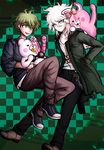  amami_rantarou bow chain checkered checkered_background danganronpa denim ear_piercing flower green_background green_hair green_jacket hands_in_pockets jacket jeans komaeda_nagito kurokku-tokei long_hair looking_at_another male_focus monofunny monomi_(danganronpa) multiple_boys new_danganronpa_v3 pacifier pants piercing shirt short_hair silver_eyes simple_background smile striped striped_shirt super_danganronpa_2 waving white_hair 