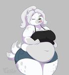  2016 anthro breasts canine cleavage clothed clothing digital_media_(artwork) dog female fur goblinhordestudios green_eyes hair looking_at_viewer mammal navel obese one_eye_closed overweight shorts skimpy tailwag tongue tongue_out white_fur wink 