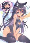  animal_ears arm_support bare_arms bare_shoulders between_legs blue_eyes blush breasts cat cat_cutout cat_ears cat_tail dark_skin drooling feet_out_of_frame fujishima-sei_ichi-gou groin hair_between_eyes hand_between_legs highleg highleg_swimsuit highres imagining impossible_clothes kuudere large_breasts looking_down one-piece_swimsuit original parted_lips purple_hair shiny shiny_hair sitting solo swimsuit tail thighhighs thighs thought_bubble 