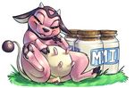  absurd_res animal_genitalia bovine carrot_(artist) cattle dripping female feral hi_res hooves jar lactating mammal milk miltank nintendo plump_labia pok&eacute;mon pussy pussy_juice smile solo spread_legs spreading teats udders video_games 