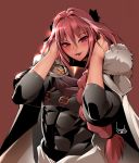  1boy arms_around_neck astolfo_(fate) black_bow black_ribbon bow bowalia braid commentary cross cross_necklace fang fate/apocrypha fate/grand_order fate_(series) fur-trimmed_cloak fur_collar hair_between_eyes hair_intakes hair_ribbon jewelry long_braid long_hair looking_at_viewer male_focus multicolored_hair necklace pink_hair purple_eyes ribbon single_braid streaked_hair tongue tongue_out trap two-tone_hair white_cloak 