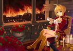  ahoge armored_boots blonde_hair boots candle chair cityscape cleavage_cutout commentary_request cup dress epaulettes fate/extra fate_(series) fire flower goblet green_eyes hair_bun hair_intakes hair_ribbon holding holding_cup knee_boots metal_boots nero_claudius_(fate) nero_claudius_(fate)_(all) npcpepper petals red_dress red_ribbon ribbon rose sitting solo 