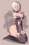  1girl bottomless choker cleavage female hair_over_eyes kneeling lamb-oic029 silver_hair solo thighhighs wide_hips 