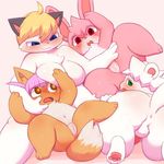  1boy 3girls blonde_hair blue_eyes cat fox furry green_eyes kaijari_(mixeeeel) multiple_girls paper_man penis purple_hair pussy rabbit red_eyes uncensored 