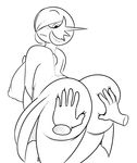  anthro big_breasts big_butt blush breasts butt disembodied_hand duo female greyscale huge_breasts komponi looking_back mega_evolution mega_gardevoir monochrome nintendo nipples pok&eacute;mon slightly_chubby solo_focus standing video_games 
