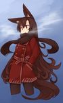  alternate_costume animal_ears brown_hair hand_in_pocket imaizumi_kagerou kaginoni long_hair open_mouth red_eyes scarf solo tail touhou very_long_hair wolf_ears wolf_tail 