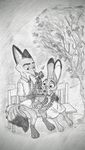  anthro bench canine clothed clothing disney female flower fox i_ship_it_real_hard judy_hopps lagomorph mammal nick_wilde plant rabbit ring simple_background simple_grass sketch smile zootopia 