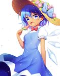  :o arm_at_side blue_bow blue_dress blue_eyes blue_hair blush bow bowtie brown_hat cirno commentary cowboy_shot dark_skin detached_collar dress eyebrows_visible_through_hair flower food hat hat_bow hat_flower highres holding holding_food ice ice_wings jenevan light_particles looking_at_viewer morning_glory open_mouth pinafore_dress pink_flower popsicle puffy_short_sleeves puffy_sleeves red_bow red_neckwear short_hair short_sleeves simple_background solo standing straw_hat tan touhou watermelon_bar white_background wings 