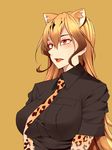  black_hair blonde_hair blush bonkiru breasts brown_hair cheetah_ears fang highres kemono_friends king_cheetah_(kemono_friends) large_breasts lipstick long_hair makeup multicolored_hair necktie orange_background orange_eyes simple_background solo teeth upper_body 