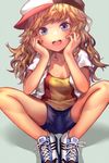  blonde_hair blue_eyes blush collarbone denchu_(kazudentyu) hands_on_own_cheeks hands_on_own_face hat highres idolmaster idolmaster_cinderella_girls long_hair looking_at_viewer ootsuki_yui open_mouth shoes short_sleeves shorts sitting smile sneakers solo teeth 